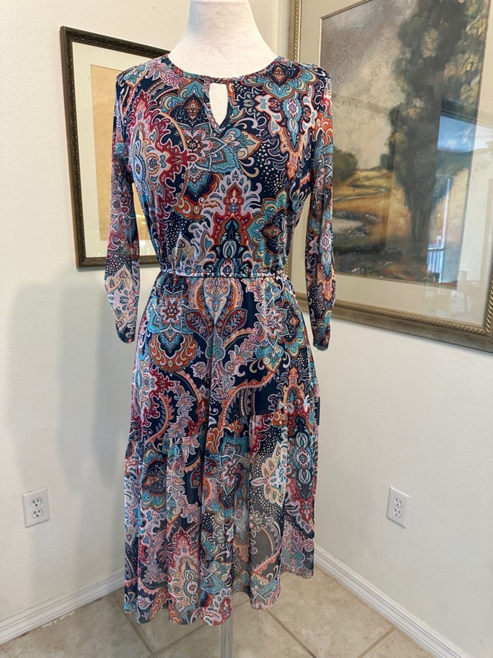 Harlow & Rose Navy Multicolor Geometric Asymmetrical Hem Dress Size Medium - Picture 2 of 15